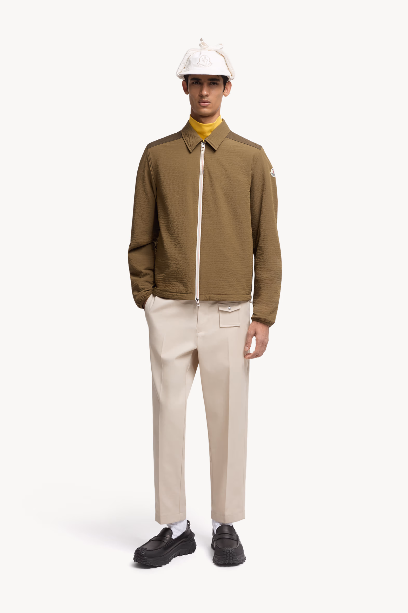 Padded Seersucker Zip-Up Shirt Men Olive Green Moncler 0